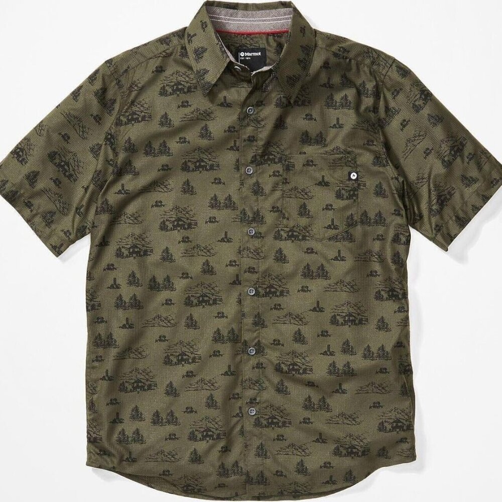 MARMOT Sirocco Short Sleeve Shirt Ventilated UPF Outdoor Nori Camp Print